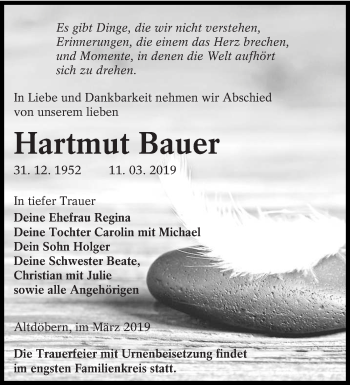 Traueranzeige von Hartmut Bauer von lausitzer_rundschau