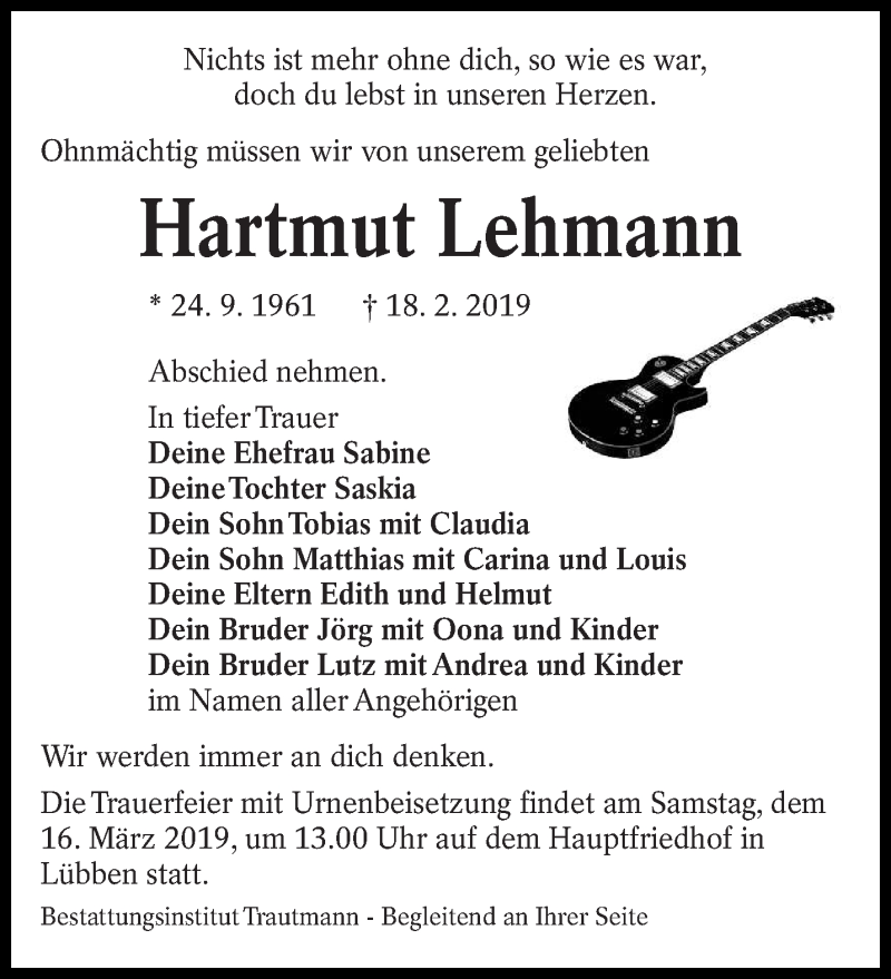  Traueranzeige für Hartmut Lehmann vom 02.03.2019 aus lausitzer_rundschau