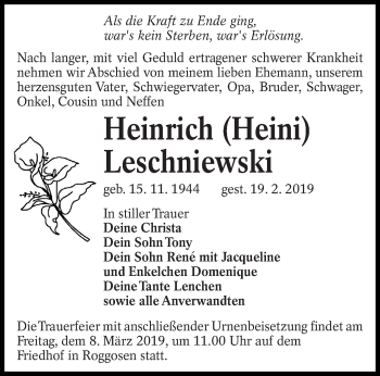 Traueranzeige von Heinrich Leschniewski von lausitzer_rundschau