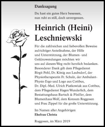 Traueranzeige von Heinrich Leschniewski von lausitzer_rundschau
