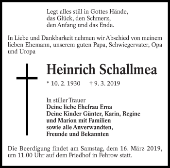 Traueranzeige von Heinrich Schallmea von lausitzer_rundschau