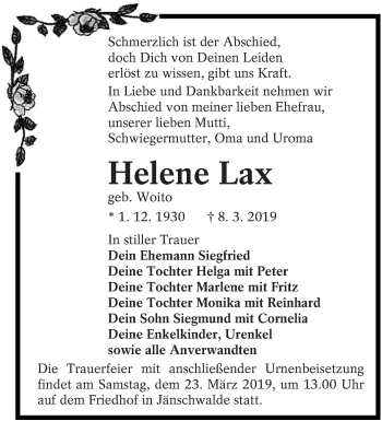 Traueranzeige von Helene Lax von lausitzer_rundschau