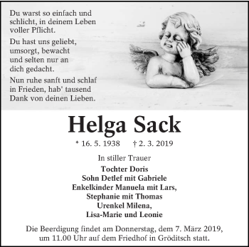 Traueranzeige von Helga Sack von lausitzer_rundschau