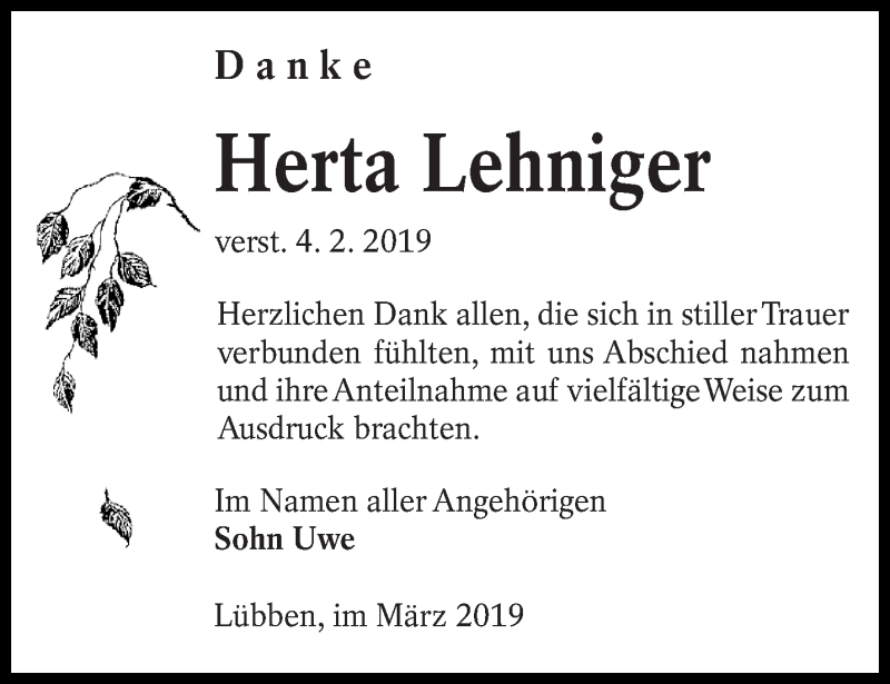  Traueranzeige für Herta Lehniger vom 15.03.2019 aus lausitzer_rundschau
