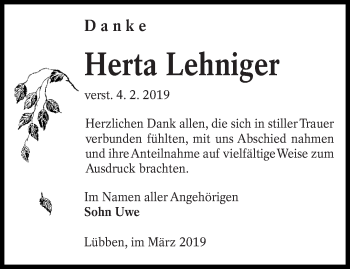 Traueranzeige von Herta Lehniger von lausitzer_rundschau