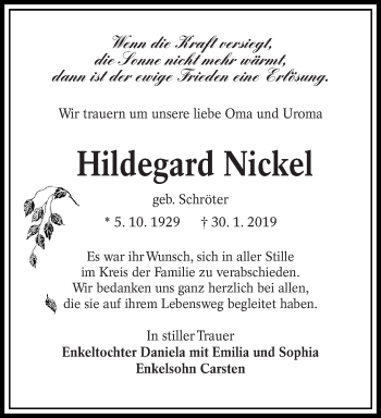 Traueranzeige von Hildegard Nickel von lausitzer_rundschau