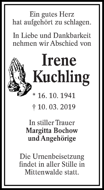 Traueranzeige von Irene Kuchling von lausitzer_rundschau