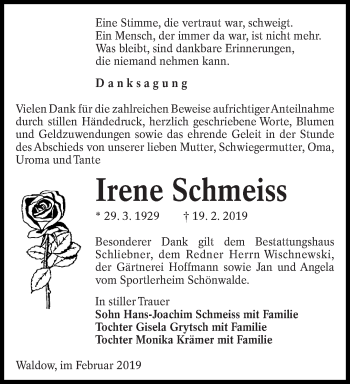 Traueranzeige von Irene Schmeiss von lausitzer_rundschau