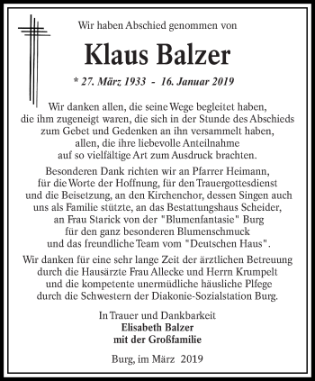Traueranzeige von Klaus Balzer von lausitzer_rundschau
