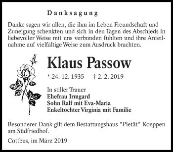 Traueranzeige von Klaus Passow von lausitzer_rundschau