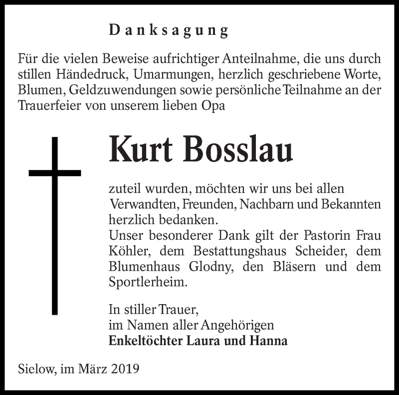  Traueranzeige für Kurt Bosslau vom 09.03.2019 aus lausitzer_rundschau