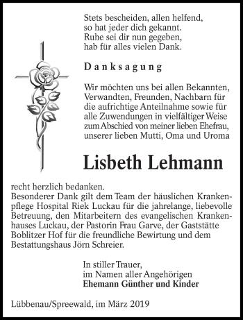Traueranzeige von Lisbeth Lehmann von lausitzer_rundschau