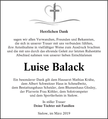 Traueranzeige von Luise Balack von lausitzer_rundschau