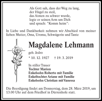 Traueranzeige von Magdalene Lehmann von lausitzer_rundschau