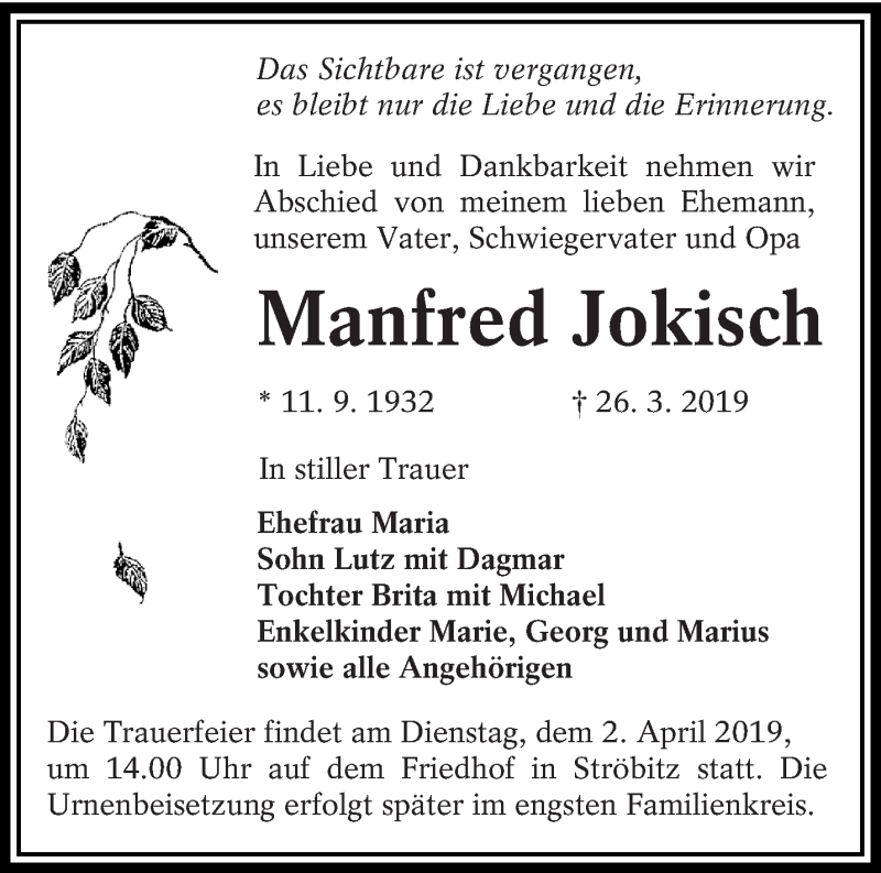  Traueranzeige für Manfred Jokisch vom 30.03.2019 aus lausitzer_rundschau