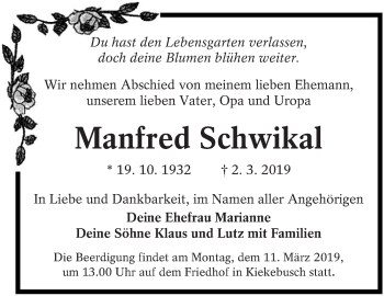 Traueranzeige von Manfred Schwikal von lausitzer_rundschau