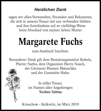 Traueranzeige von Margarete Fuchs von lausitzer_rundschau