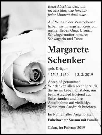 Traueranzeige von Margarete Schenker von lausitzer_rundschau