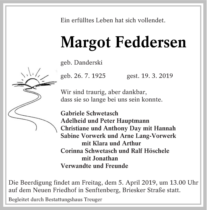 Traueranzeige für Margot Feddersen vom 29.03.2019 aus lausitzer_rundschau