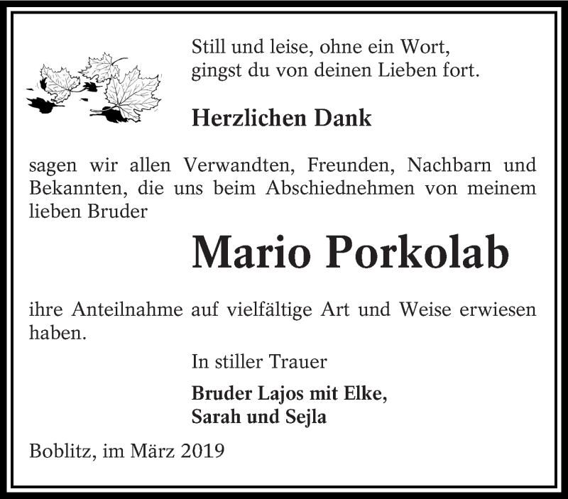  Traueranzeige für Mario Porkolab vom 16.03.2019 aus lausitzer_rundschau