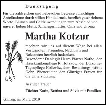 Traueranzeige von Martha Kotzur von lausitzer_rundschau