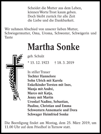 Traueranzeige von Martha Sonke von lausitzer_rundschau