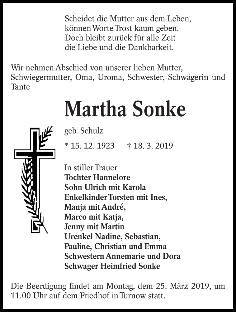  Traueranzeige für Martha Sonke vom 21.03.2019 aus lausitzer_rundschau