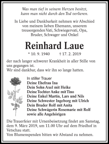 Traueranzeige von Reinhard Laue von lausitzer_rundschau