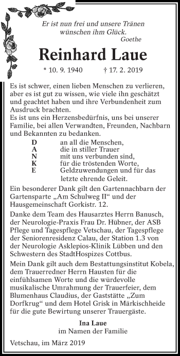 Traueranzeige von Reinhard Laue von lausitzer_rundschau
