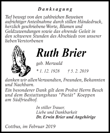 Traueranzeige von Ruth Brier von lausitzer_rundschau