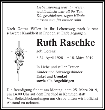 Traueranzeige von Ruth Raschke von lausitzer_rundschau