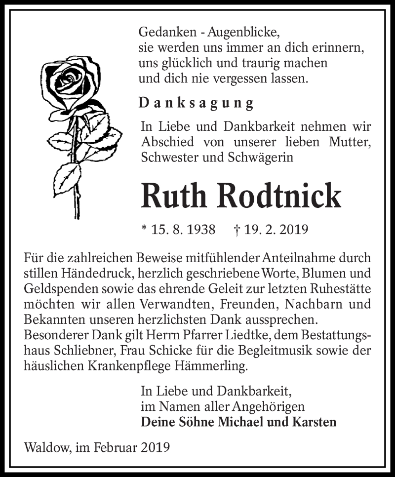  Traueranzeige für Ruth Rodtnick vom 09.03.2019 aus lausitzer_rundschau