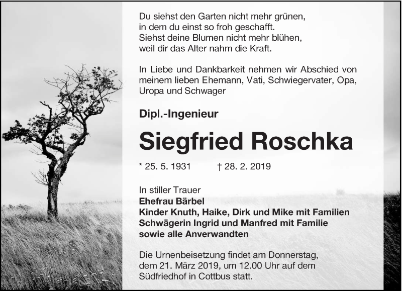  Traueranzeige für Siegfried Roschka vom 09.03.2019 aus lausitzer_rundschau