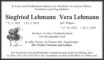 Traueranzeige von Siegfried und Vera Lehmann von lausitzer_rundschau