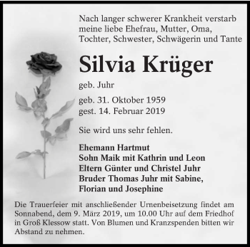 Traueranzeige von Silvia Krüger von lausitzer_rundschau
