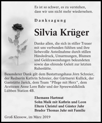 Traueranzeige von Silvia Krüger von lausitzer_rundschau