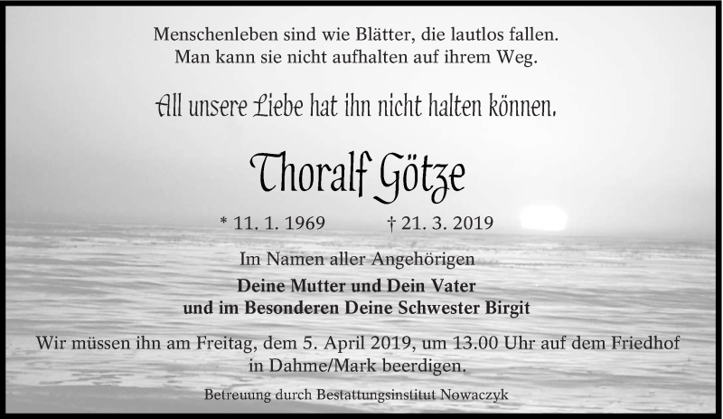  Traueranzeige für Thoralf Götze vom 30.03.2019 aus lausitzer_rundschau