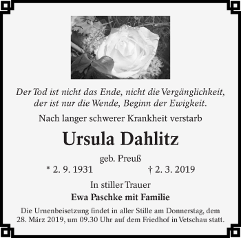 Traueranzeige von Ursula Dahlitz von lausitzer_rundschau