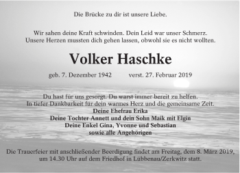 Traueranzeige von Volker Haschke von lausitzer_rundschau