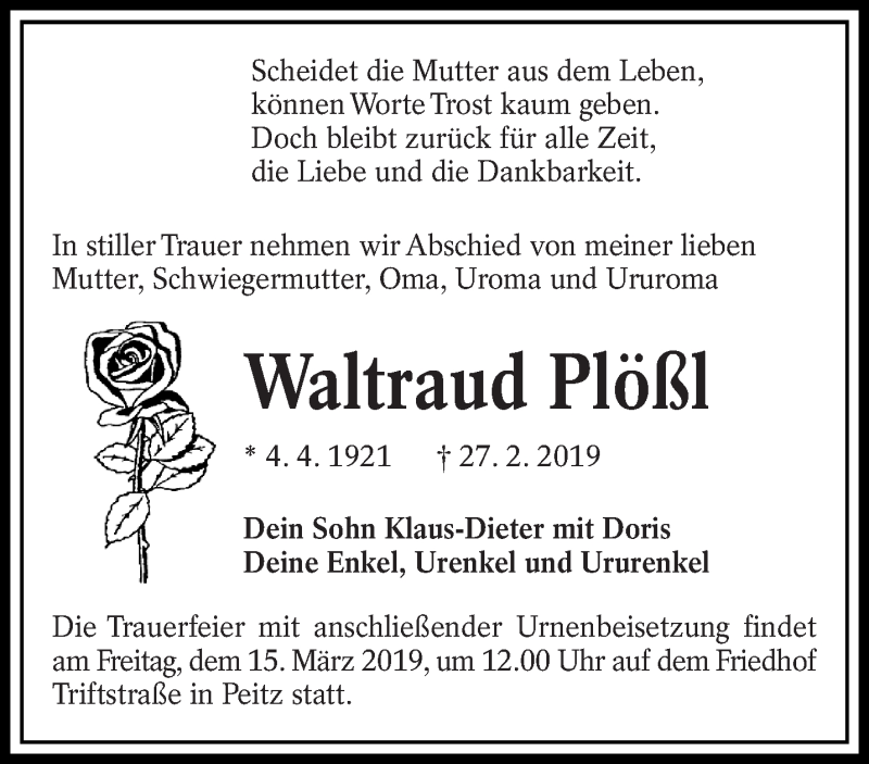  Traueranzeige für Waltraud Plößl vom 09.03.2019 aus lausitzer_rundschau