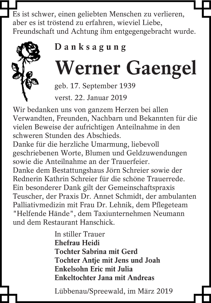  Traueranzeige für Werner Gaengel vom 02.03.2019 aus lausitzer_rundschau