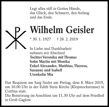 Traueranzeige von Wilhelm Geisler von lausitzer_rundschau