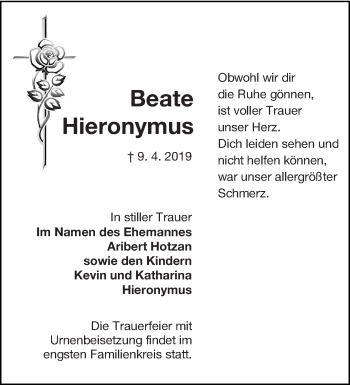 Traueranzeige von Beate Hieronymus von lausitzer_rundschau