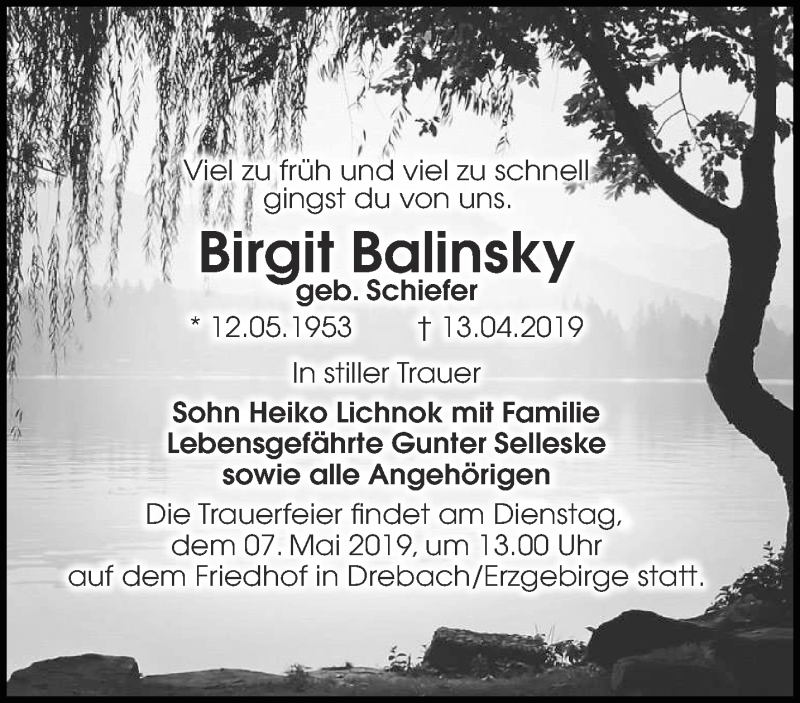  Traueranzeige für Birgit Balinsky vom 27.04.2019 aus lausitzer_rundschau