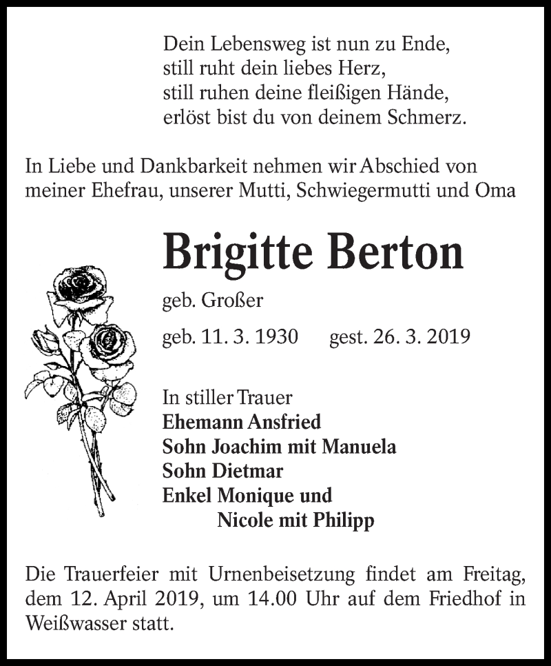  Traueranzeige für Brigitte Berton vom 06.04.2019 aus lausitzer_rundschau