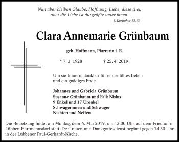 Traueranzeige von Clara Annemarie Grünbaum von lausitzer_rundschau