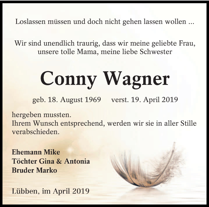  Traueranzeige für Conny Wagner vom 27.04.2019 aus lausitzer_rundschau