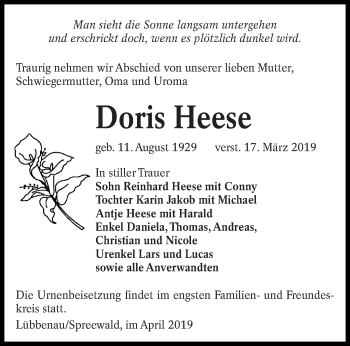 Traueranzeige von Doris Heese von lausitzer_rundschau