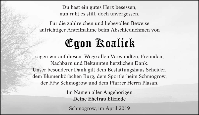  Traueranzeige für Egon Koalick vom 13.04.2019 aus lausitzer_rundschau