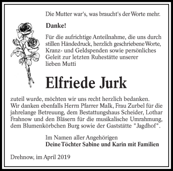 Traueranzeige von Elfriede Jurk von lausitzer_rundschau